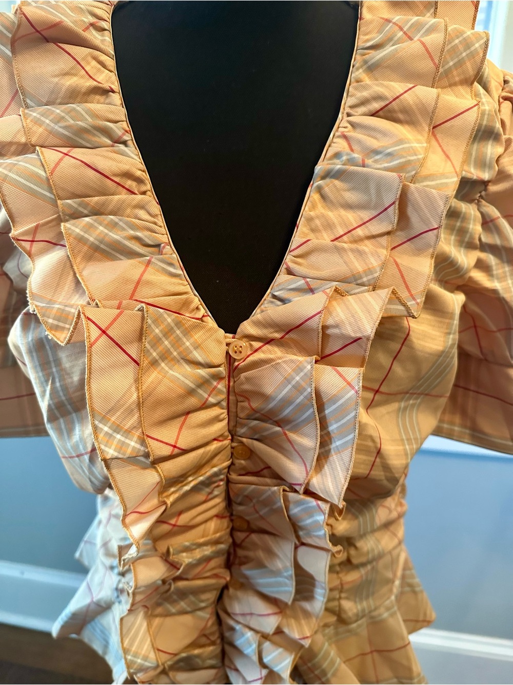 Kenar Mustard Plaid Ruffled Button-Down Top